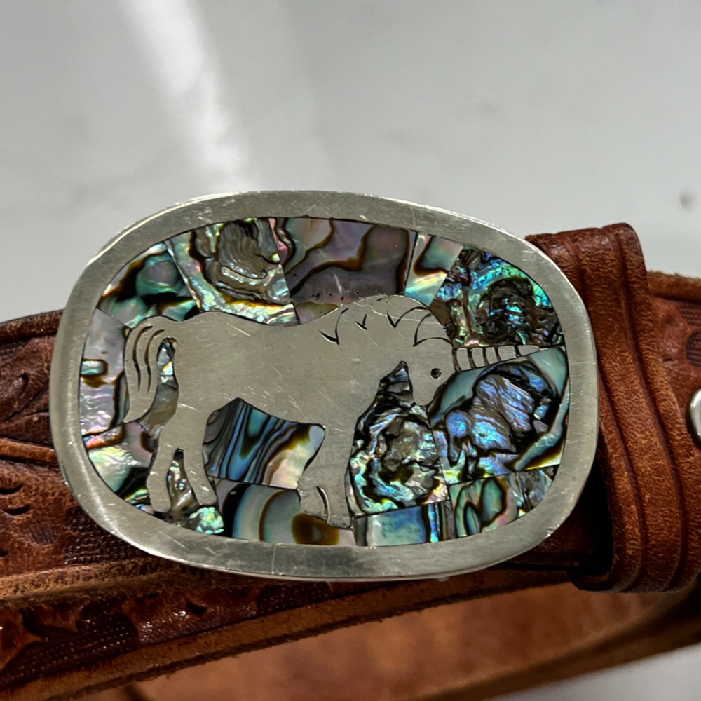 Women’s Brown Leather Belt with Unicorn Abalone Buckle - Picture 3 of 3
